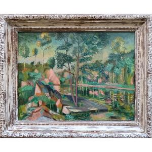 Neo-impressionist School. Ludovic Alleaume "the River In The Forest"