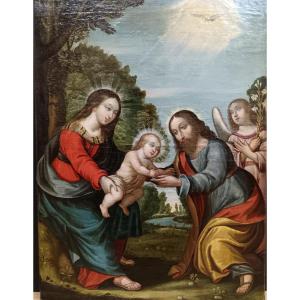 Claude Déruet, Circle Of. "the Holy Family With A Branch Of White Lilies".