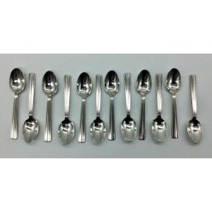 12 Moka Spoons, Mira Ondulation, Christofle In Silver.