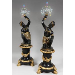Pair Of Venetian Nubians And Murano Glass Candelabra