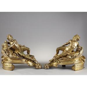 Paire De Chenets d'époque Régence Aux Allégories Du Rhône Et De La Saône