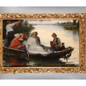 Country Wedding On The Pond, Large Oil On Canvas By Henry Léon Jacquet