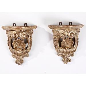 Pair Of Small Gilded Wood Wall Consoles