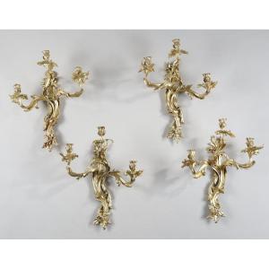 Rare Set Of Four Large Gilt Bronze Wall Lights From The Louis XV Period