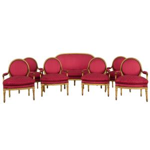 Louis XVI Style Drawing Room In Gilt Wood,  Sofa And Six Armchairs « à La Reine »