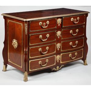 French Régence Period Mazarine Chest Of Drawers In Amaranth Framed In Bronze.