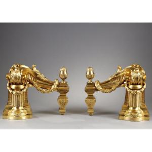  Pair Of Louis XVI Period Andirons In Gilt Bronze