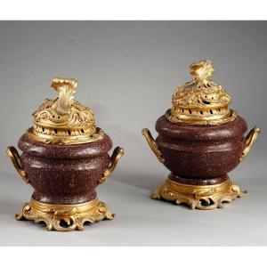 Pair Of Potpourri Jars In Porphyry And Gilt Bronze