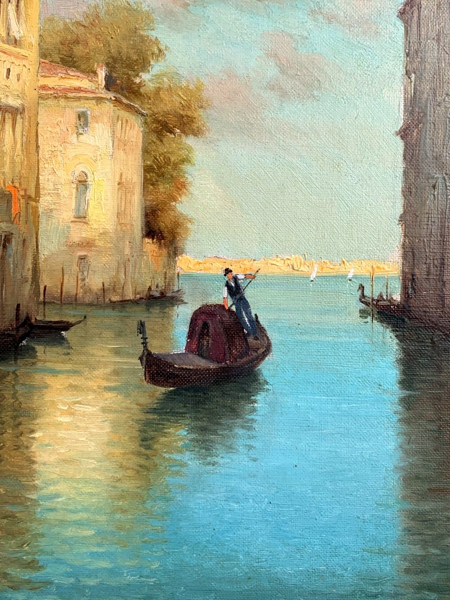 Canale à Venezia con gondola. Olio tela 65x54. Hugo Golli detto Vallin-photo-1