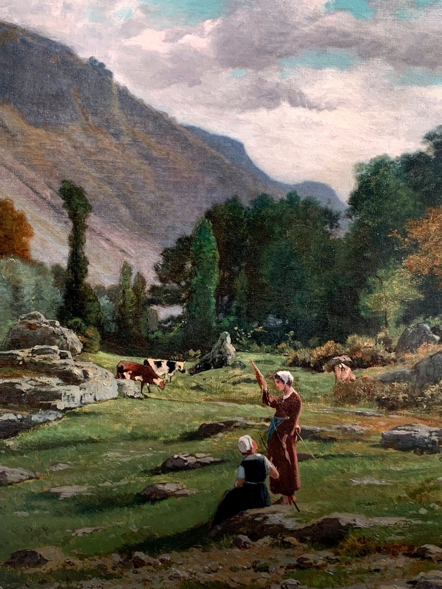 Pastorelle in un paesaggio.Grande olio su tela 151x95. Horace Antoine Fonville 1832-1914-photo-4