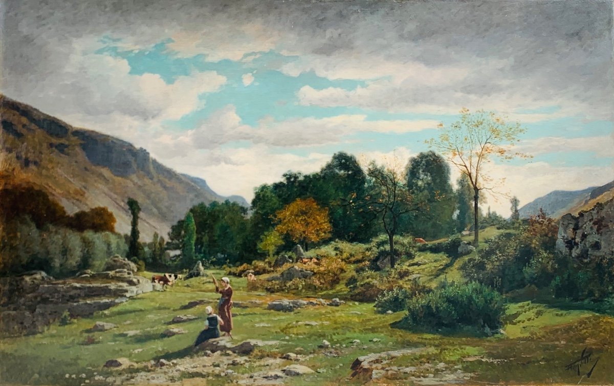 Pastorelle in un paesaggio.Grande olio su tela 151x95. Horace Antoine Fonville 1832-1914