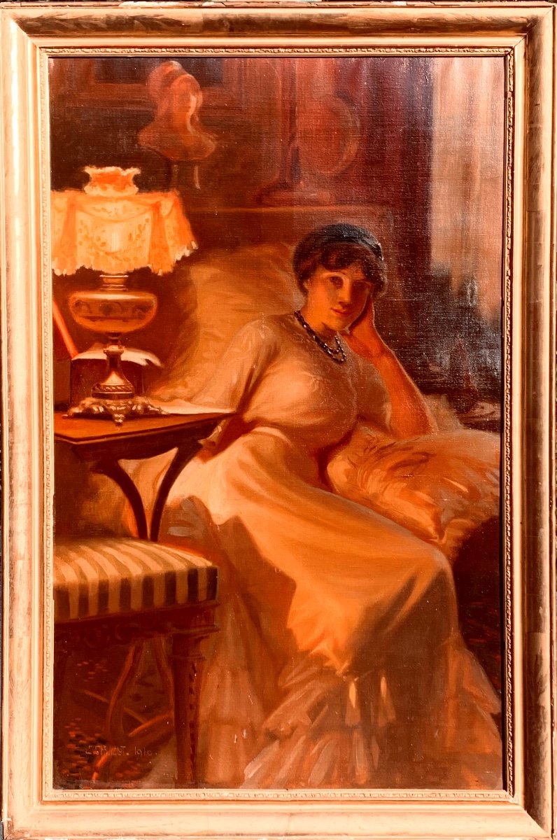 Elegante in un interno . Olio su tela 105x65. Firmato Étienne Chauvelot, datato 1910.-photo-2