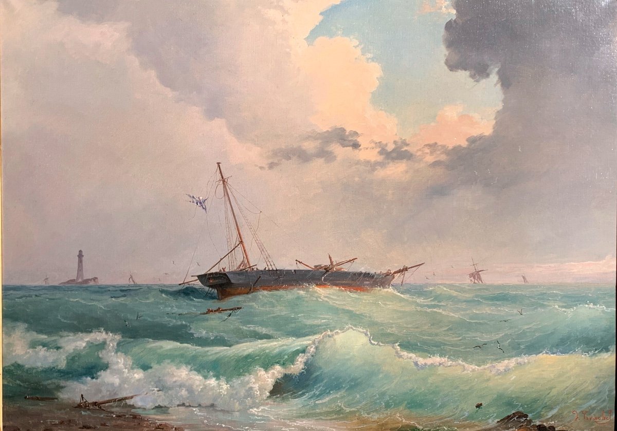 Marina con mare agitato. Olio su tela 92x68. Domenico Trachel 1830-1897-photo-2
