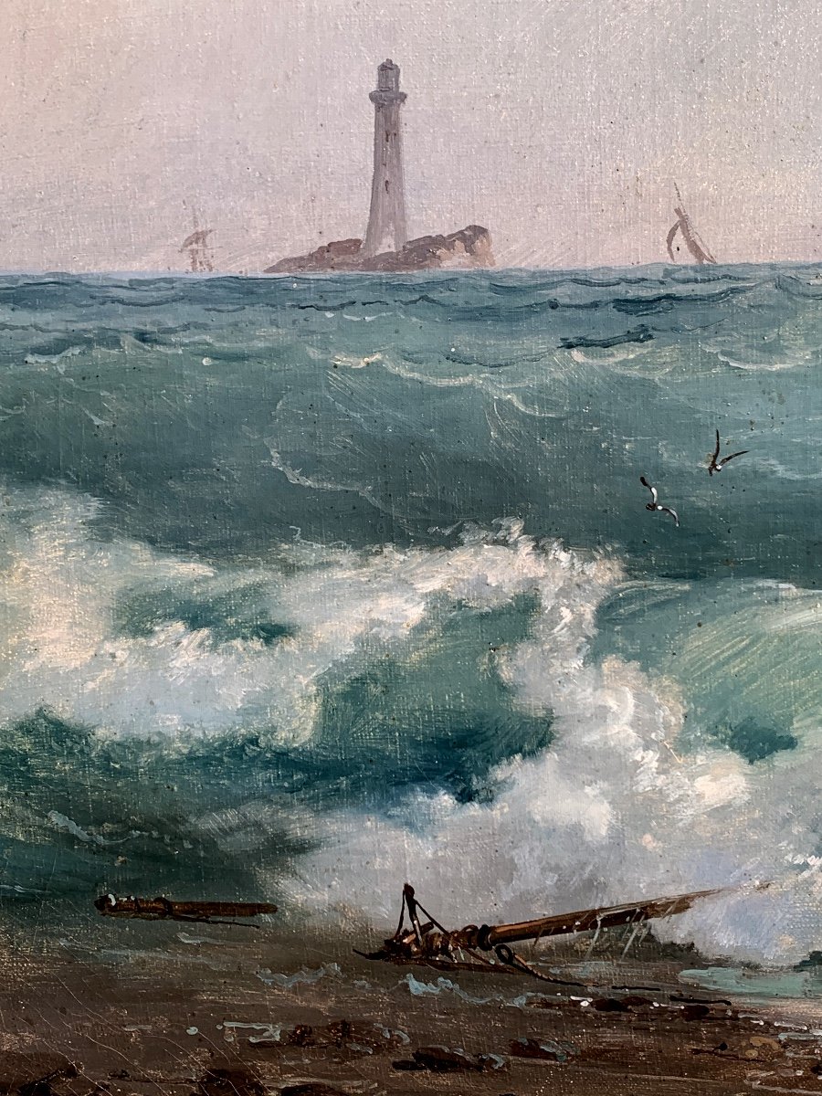 Marina con mare agitato. Olio su tela 92x68. Domenico Trachel 1830-1897-photo-3
