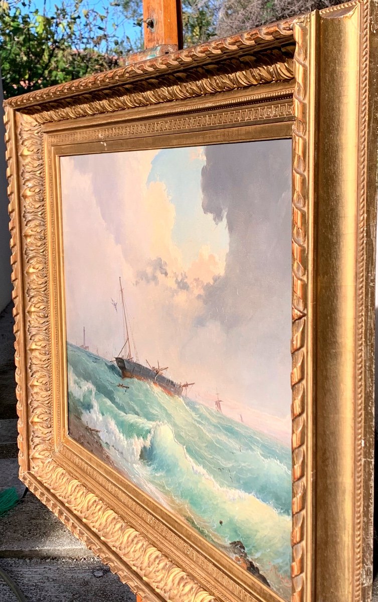 Marina con mare agitato. Olio su tela 92x68. Domenico Trachel 1830-1897-photo-4
