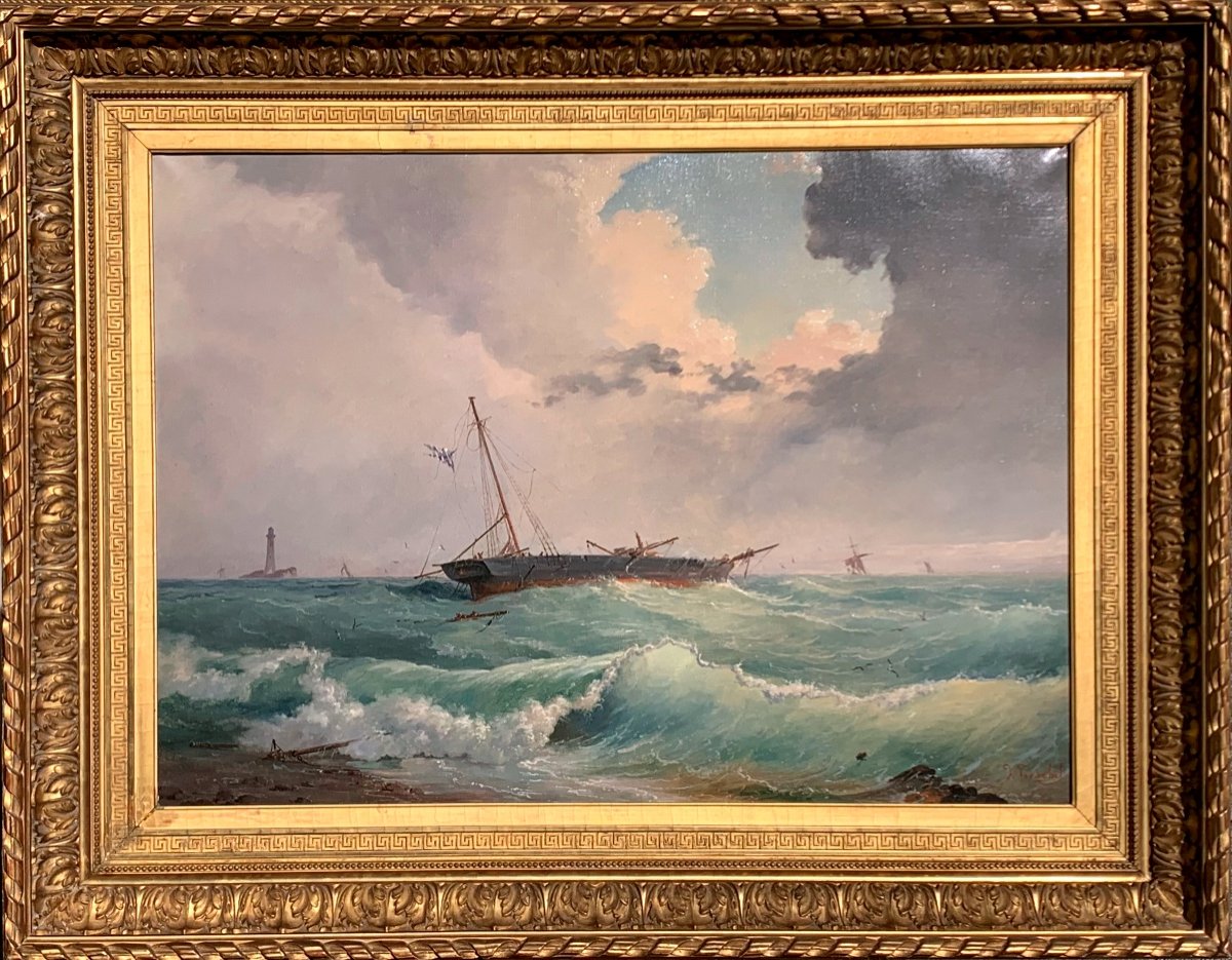 Marina con mare agitato. Olio su tela 92x68. Domenico Trachel 1830-1897