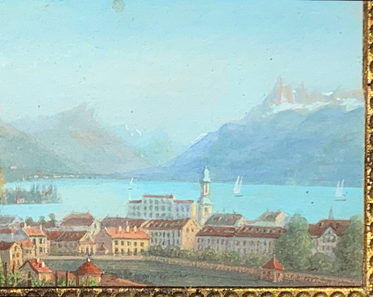 Coppia di miniature 8,5x5. Vedute del Lago Leman,Svizzera. Epoca meta’800-photo-4