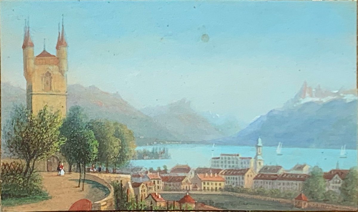 Coppia di miniature 8,5x5. Vedute del Lago Leman,Svizzera. Epoca meta’800