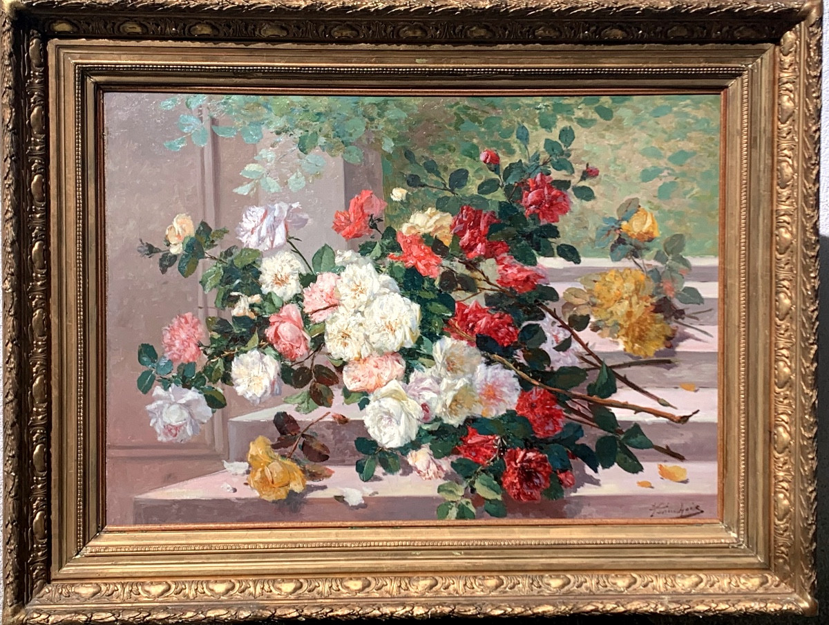 Eugène Cauchois 1850-1911. Grande dipinto di rose. 92x66-photo-6