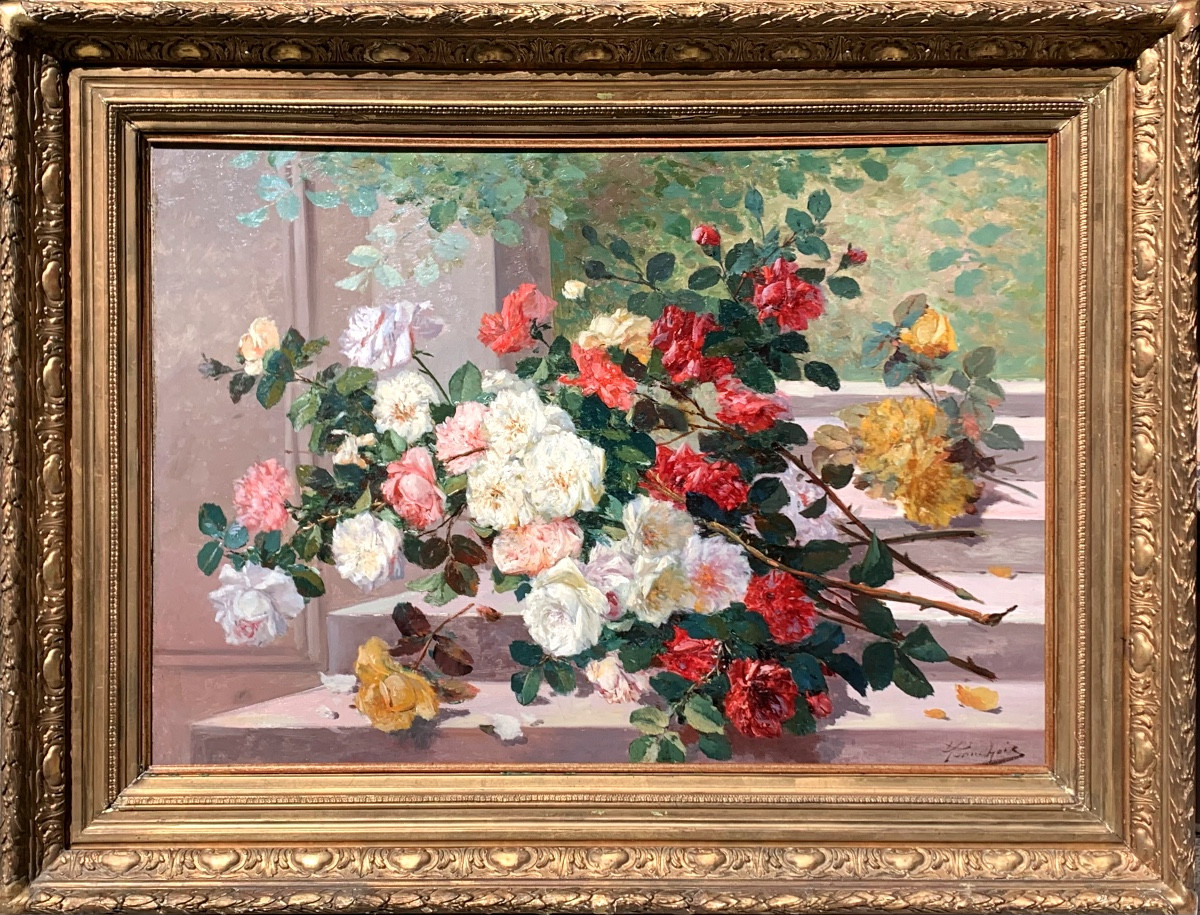 Eugène Cauchois 1850-1911. Grande dipinto di rose. 92x66