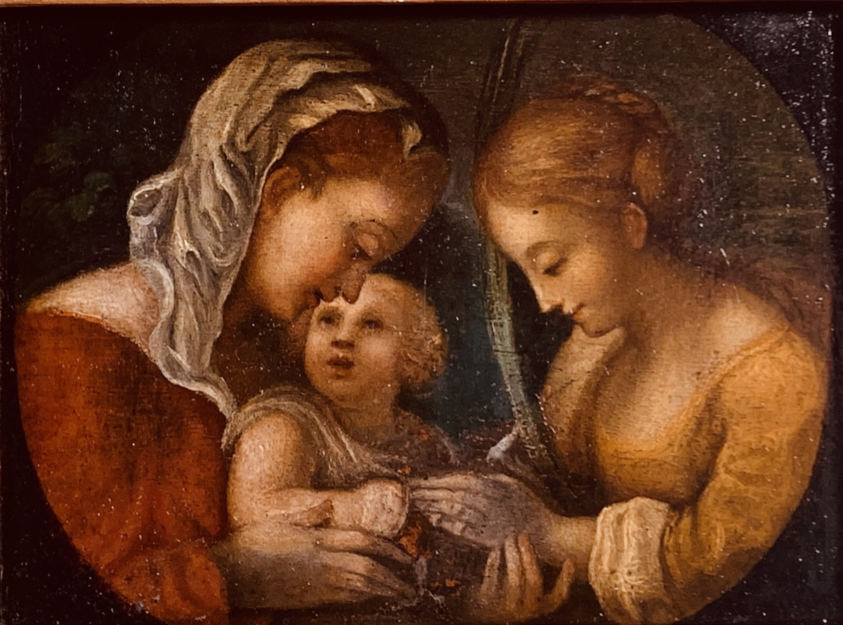Matrimonio mistico di Santa Caterina. Olio su tavola. Seguace di Correggio del XVII secolo.-photo-2