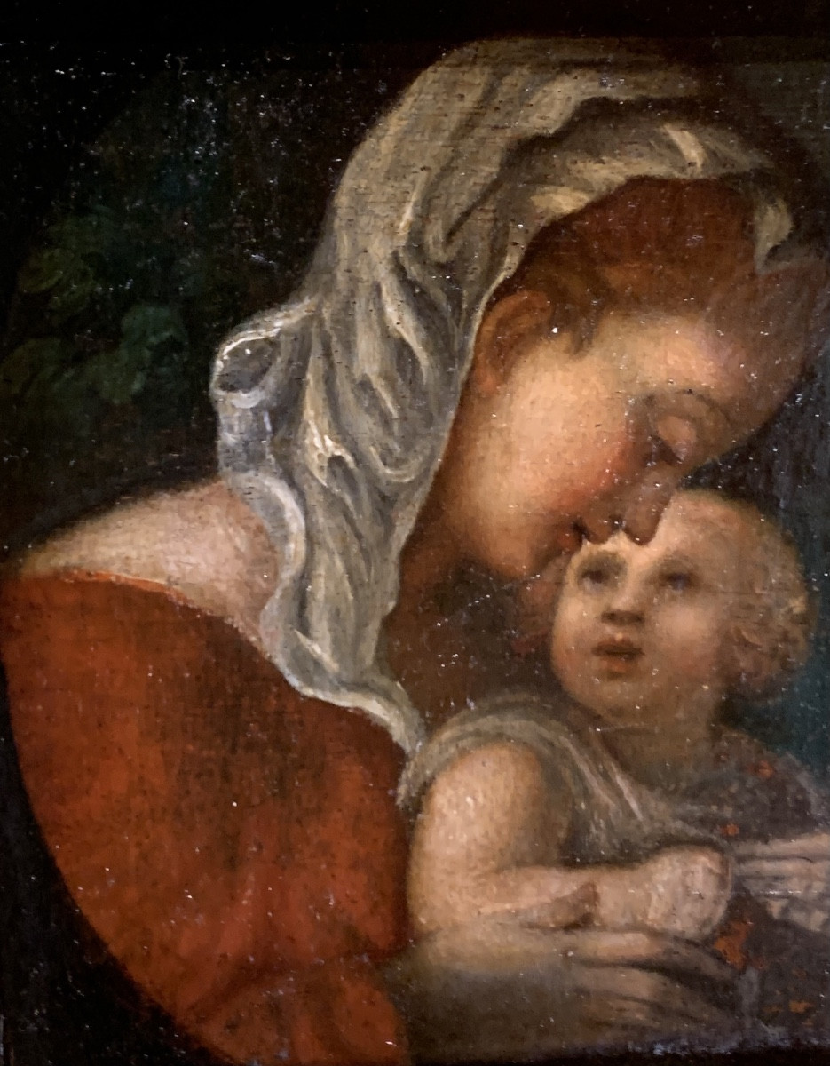 Matrimonio mistico di Santa Caterina. Olio su tavola. Seguace di Correggio del XVII secolo.-photo-3