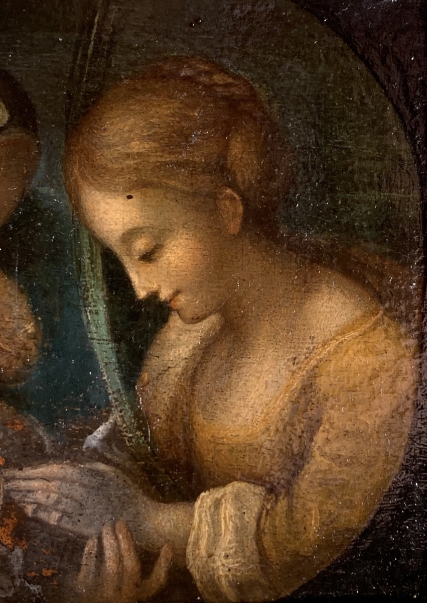 Matrimonio mistico di Santa Caterina. Olio su tavola. Seguace di Correggio del XVII secolo.-photo-4
