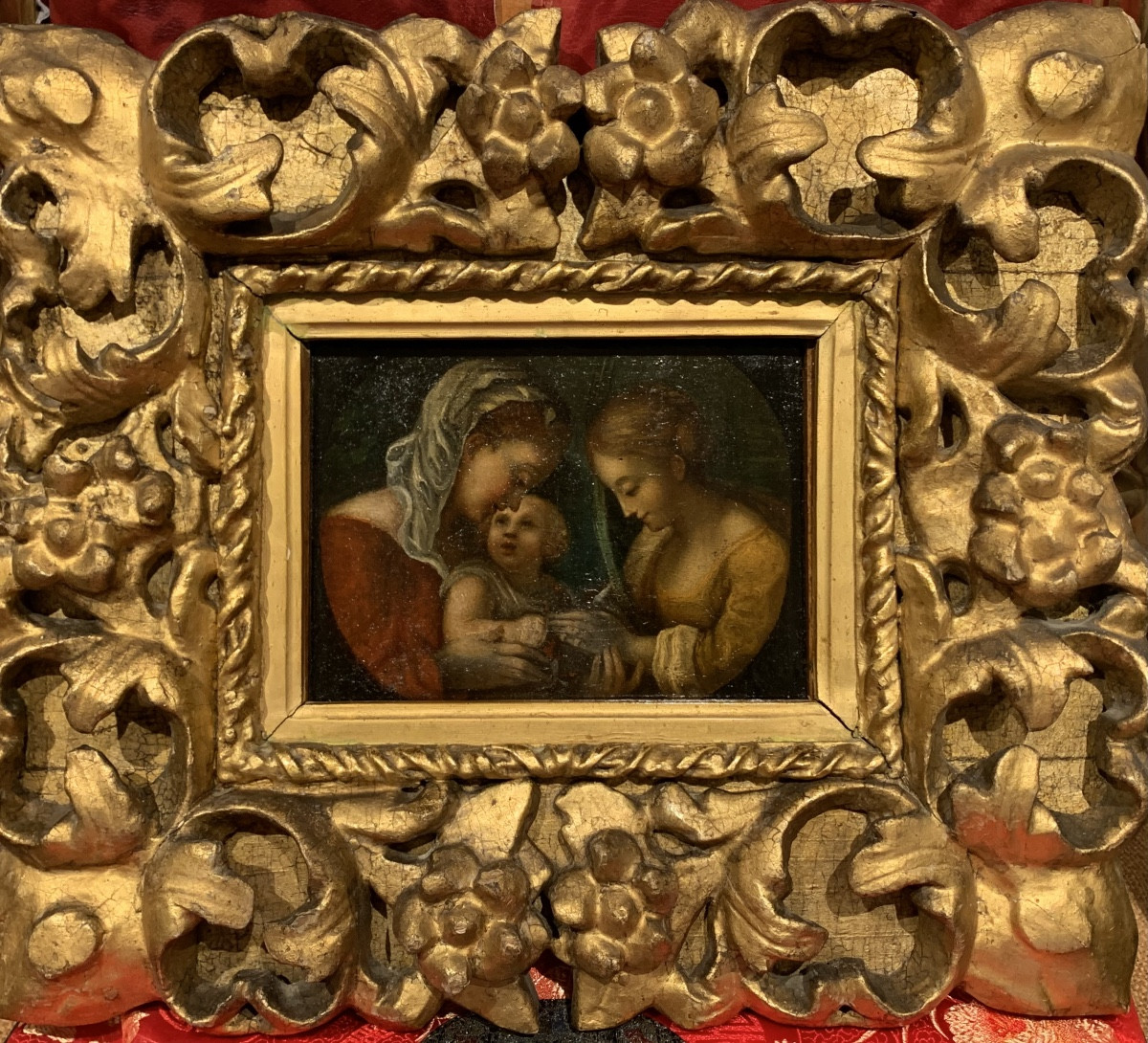 Matrimonio mistico di Santa Caterina. Olio su tavola. Seguace di Correggio del XVII secolo.