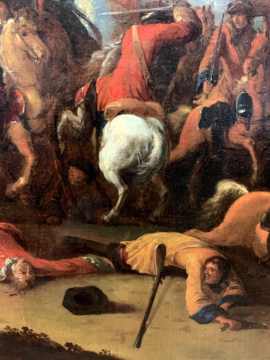 Scena di battaglia . Olio su tela 90x85. Jan van Der Stoffe 1611-1682, attribuito.-photo-4