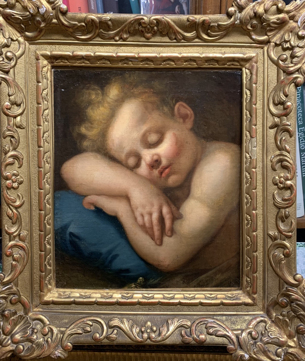 Bimbo addormentato. Olio su tela,40x34. Scuola italiana,fine del XVII secolo.-photo-3