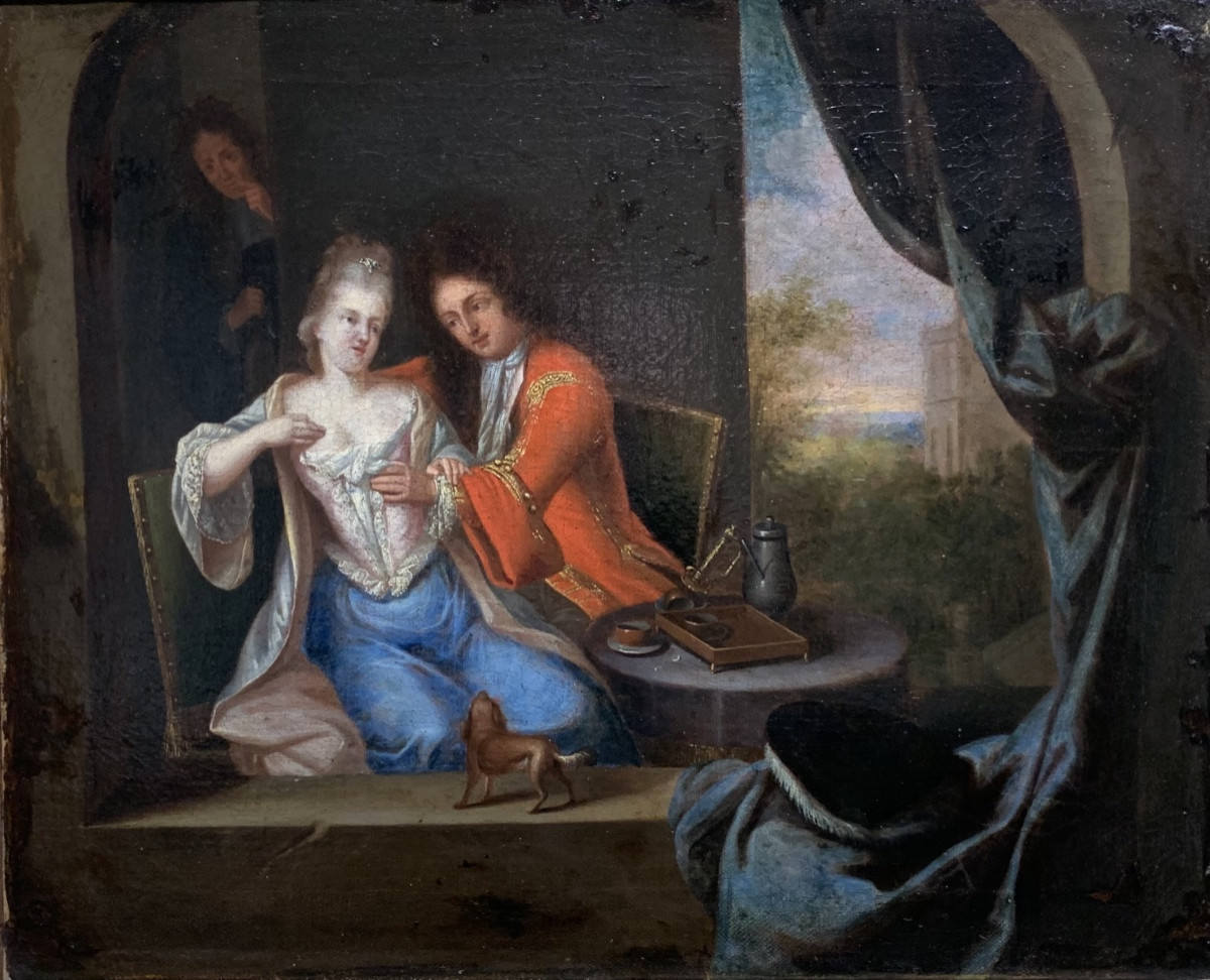 Scena galante. Olio su tela 40x34. Ambito di Constantyn Netscher (1668-1723)-photo-2