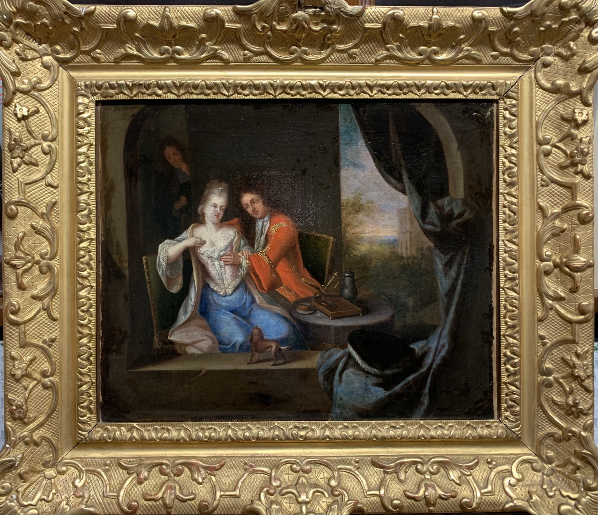 Scena galante. Olio su tela 40x34. Ambito di Constantyn Netscher (1668-1723)