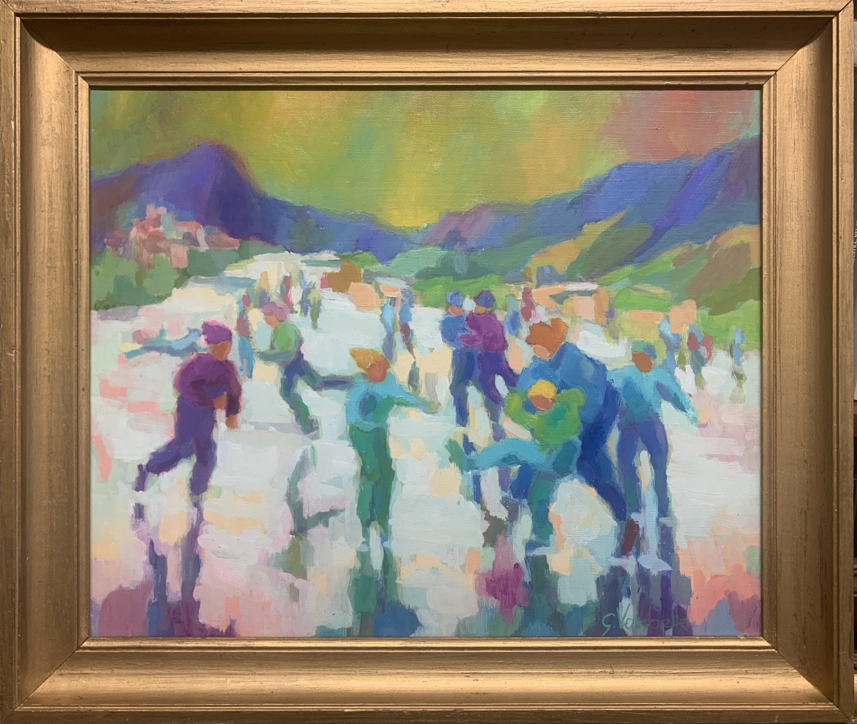 Primi passi sul ghiaccio.Guy Vanbelle 1931-)Olio su tela 46x38. 