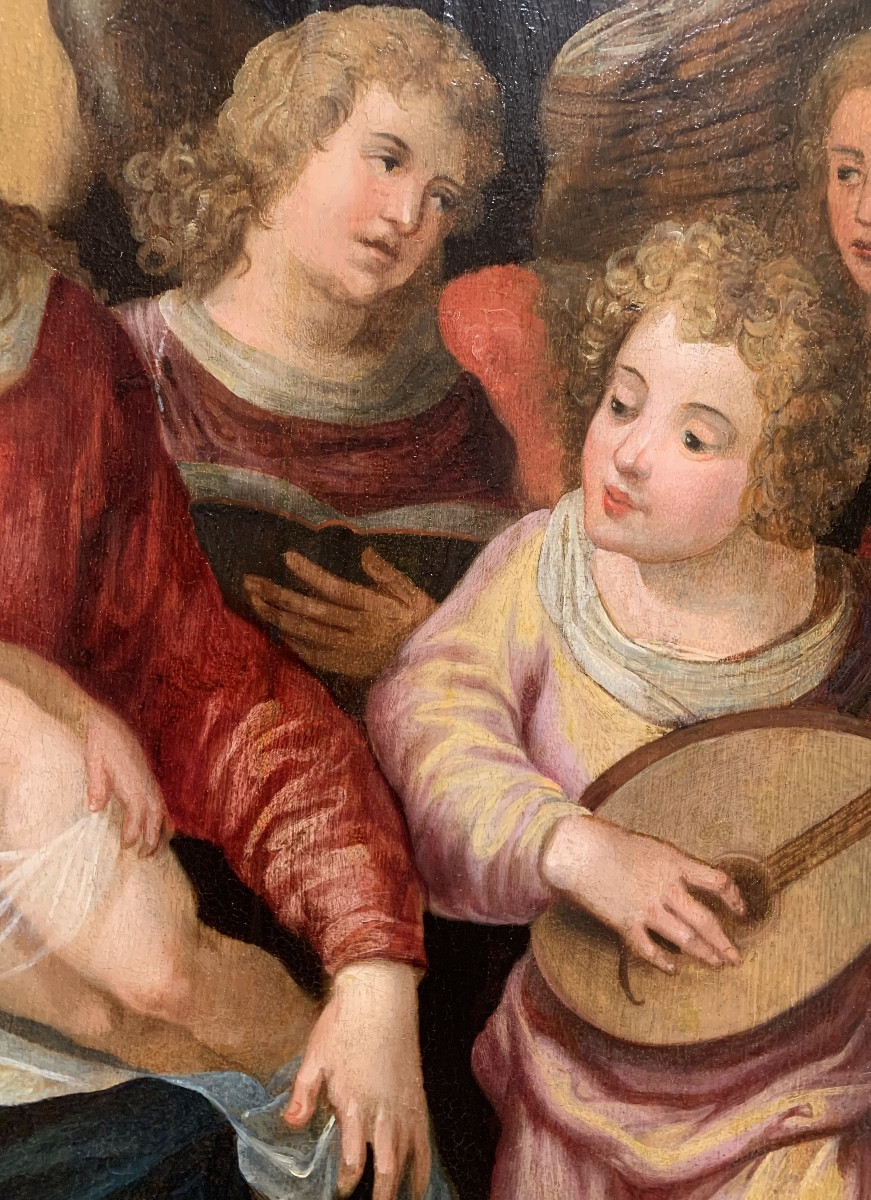 Madonna con Bambino e Angeli musicisti. Olio su tavola,99x74. Fine del XVI secolo..-photo-1