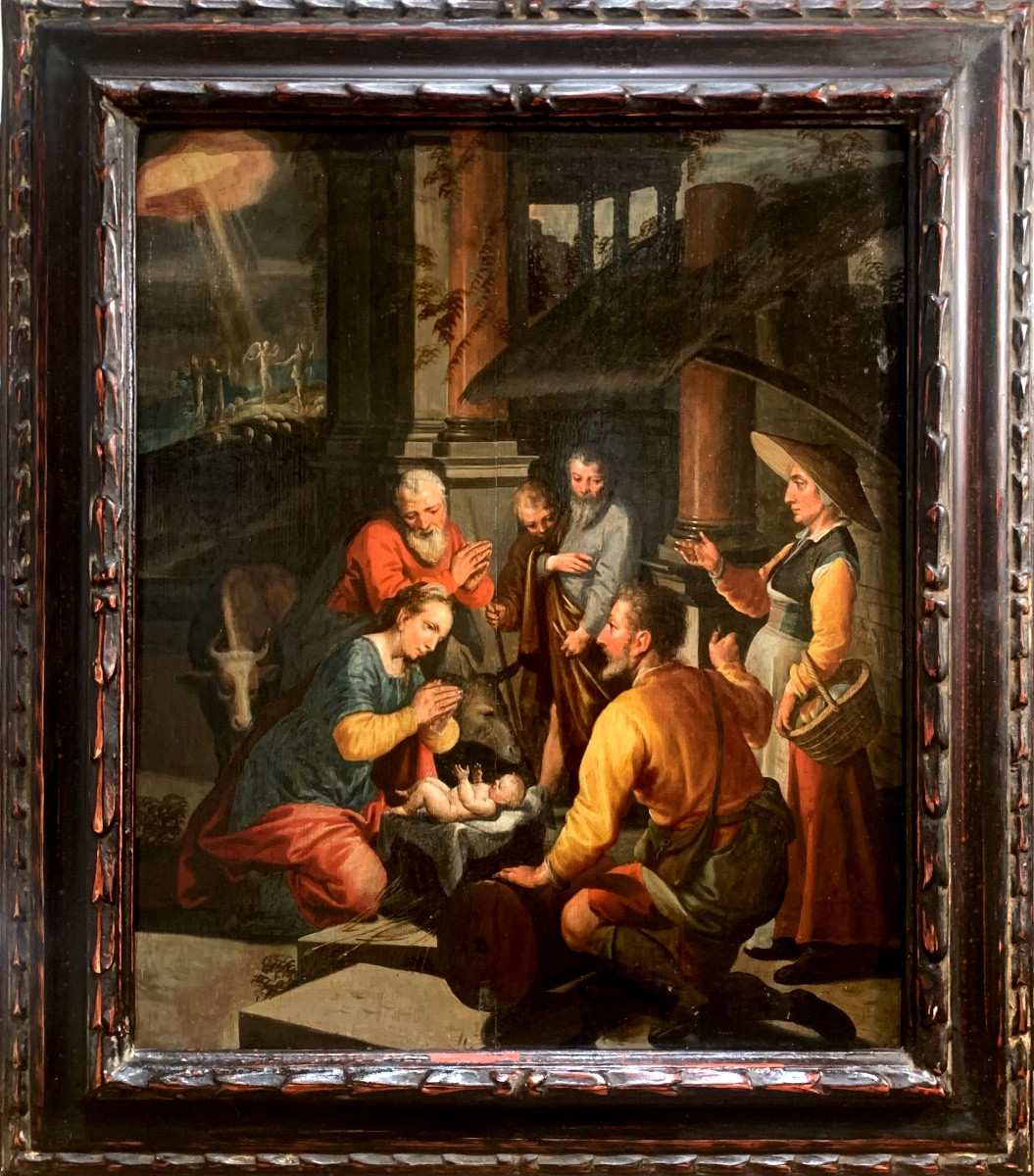 Addorazione dei pastori. Olio su tavola,47x39. Circolo di Pieter Pietersz Aertsen,1541-1603