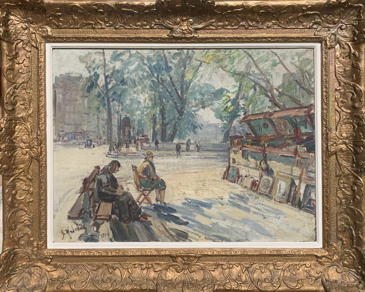 Venditori di libri a Parigi. Olio su tela 73x54. Firmato Gustave Madelain e datato 1929.-photo-2