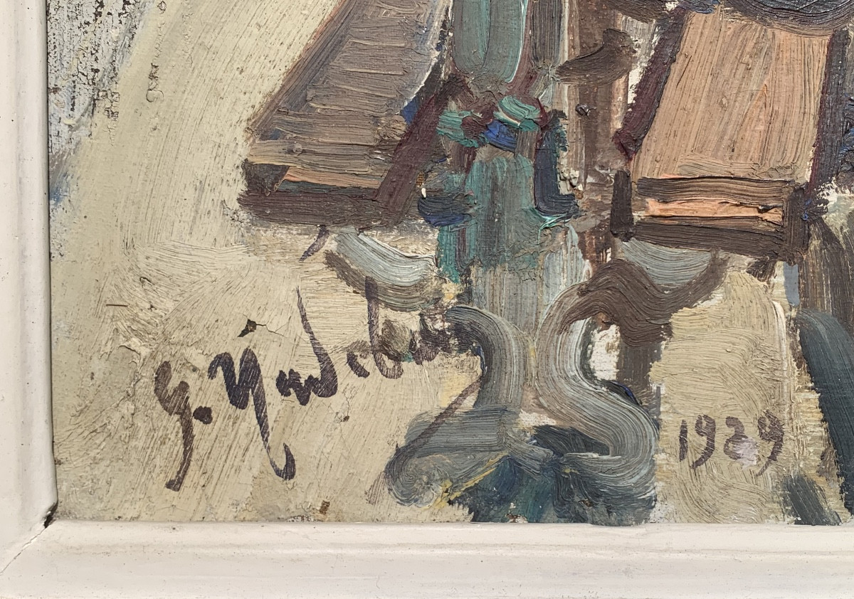 Venditori di libri a Parigi. Olio su tela 73x54. Firmato Gustave Madelain e datato 1929.-photo-3