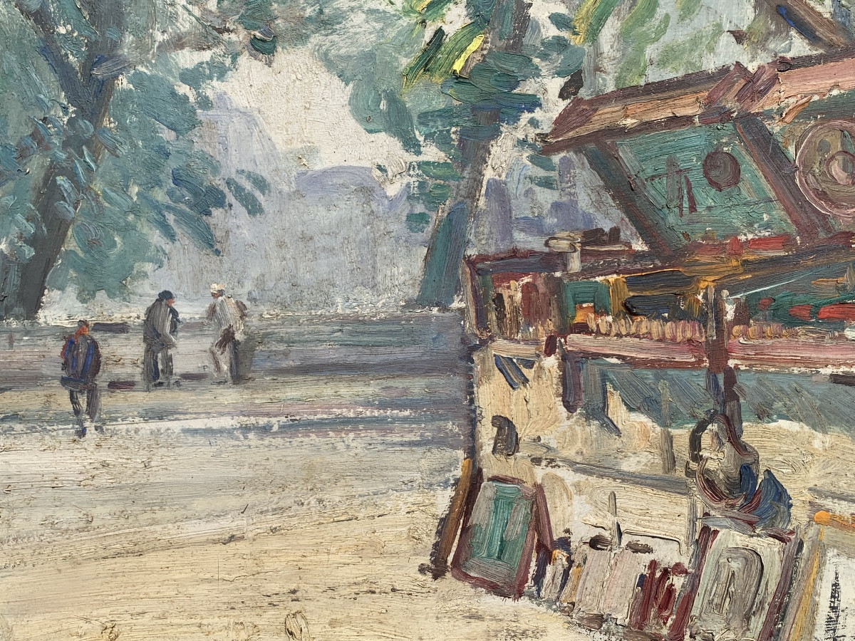Venditori di libri a Parigi. Olio su tela 73x54. Firmato Gustave Madelain e datato 1929.-photo-4