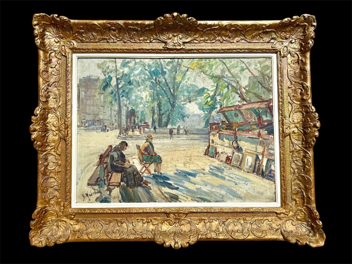 Venditori di libri a Parigi. Olio su tela 73x54. Firmato Gustave Madelain e datato 1929.-photo-1