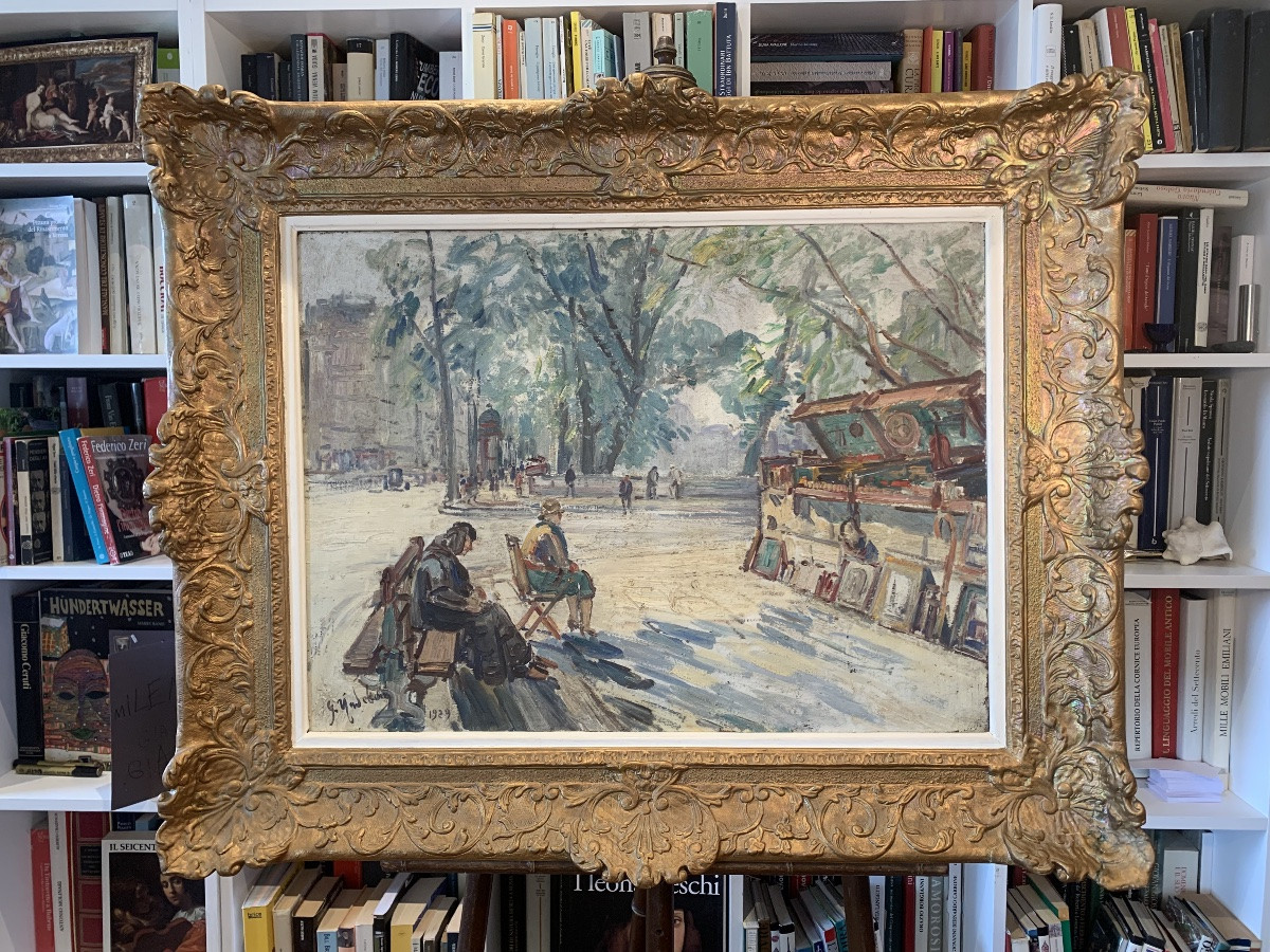Venditori di libri a Parigi. Olio su tela 73x54. Firmato Gustave Madelain e datato 1929.-photo-2
