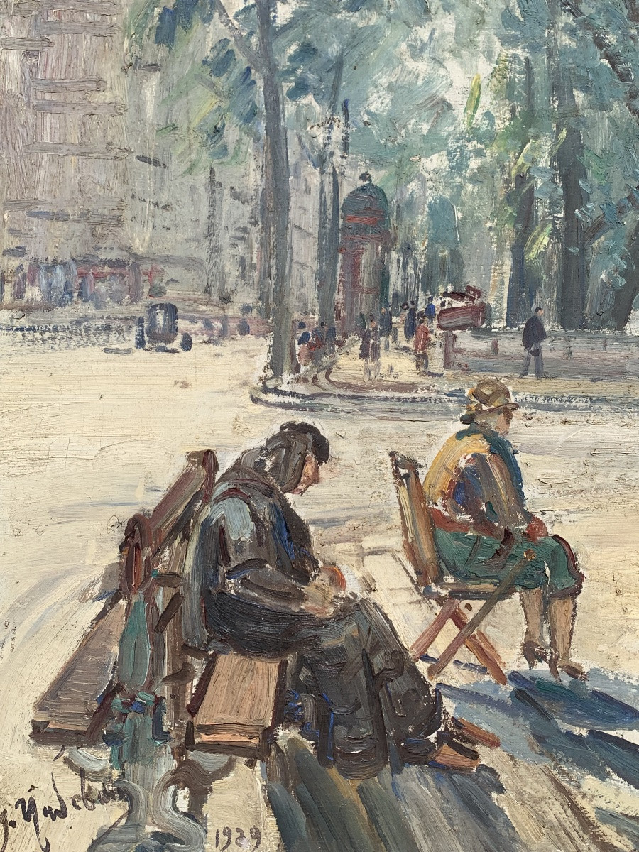 Venditori di libri a Parigi. Olio su tela 73x54. Firmato Gustave Madelain e datato 1929.-photo-3