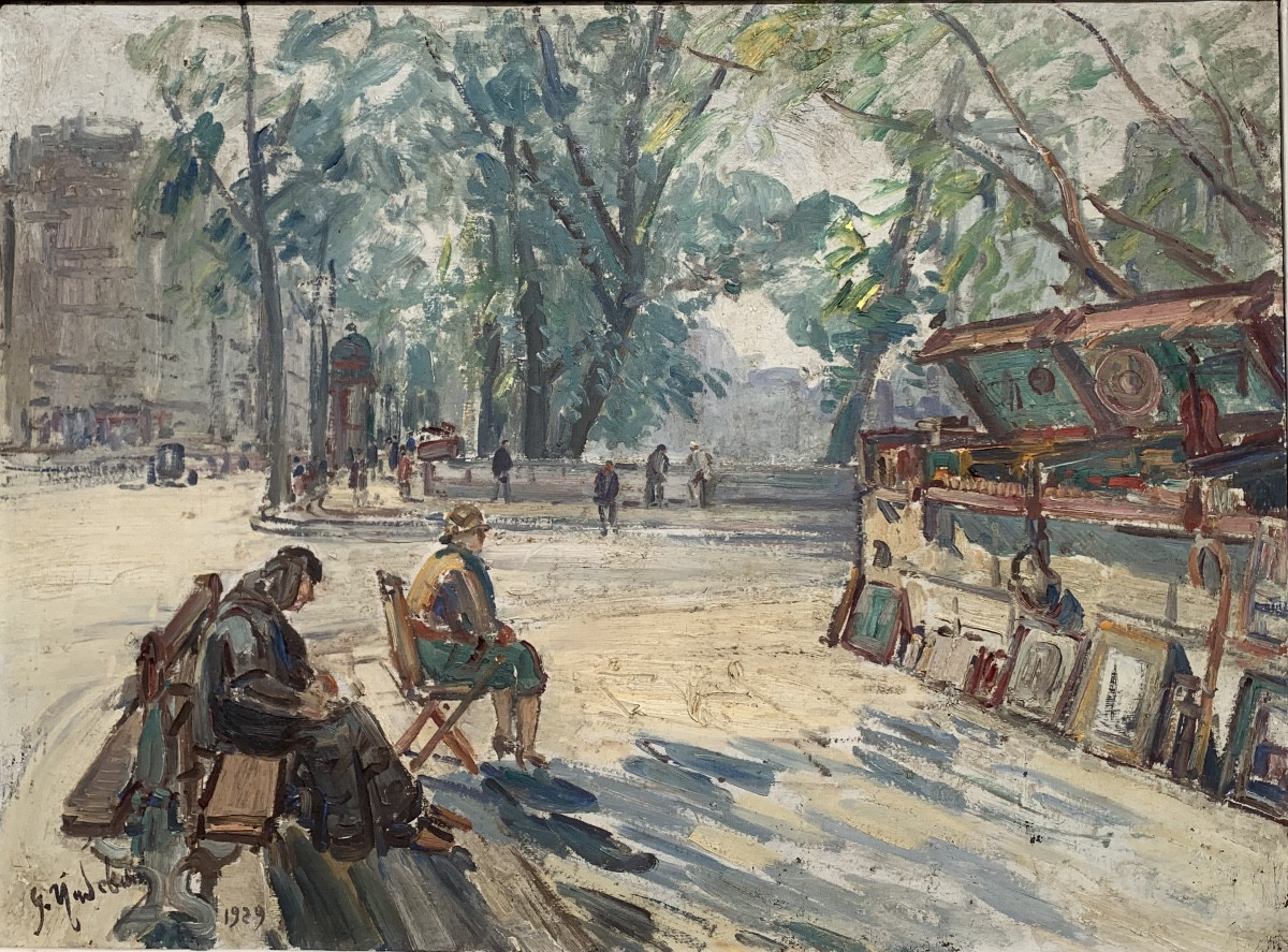 Venditori di libri a Parigi. Olio su tela 73x54. Firmato Gustave Madelain e datato 1929.