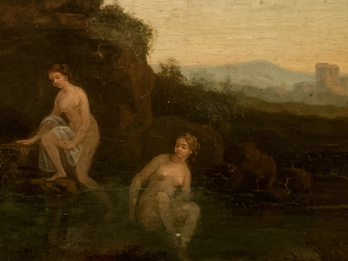 Ninfe al bagno. Olio su tavola 22x17. Seguace di Cornelius Van  Poelenbourgh-photo-3