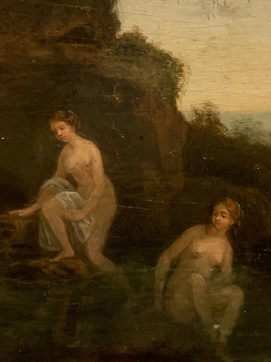 Ninfe al bagno. Olio su tavola 22x17. Seguace di Cornelius Van  Poelenbourgh-photo-1