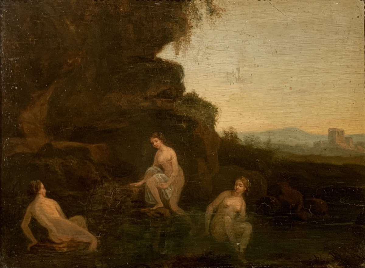 Ninfe al bagno. Olio su tavola 22x17. Seguace di Cornelius Van  Poelenbourgh