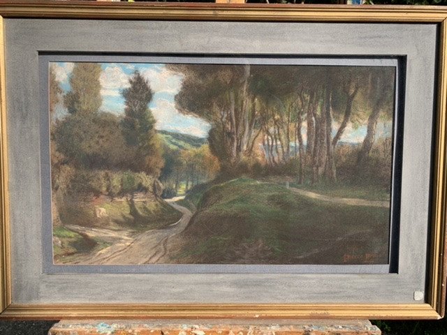 Prins Pierre Ernest(1838-1913) Paysage Au Chemin creux,pastel.-photo-5