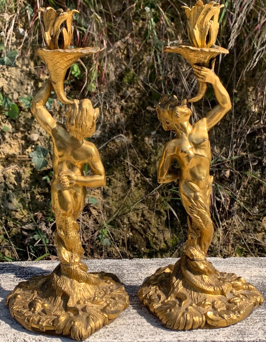 Paire De Flambeaux Rocaille,en Bronze Doré. H 32,5. XVIII Siecle-photo-2