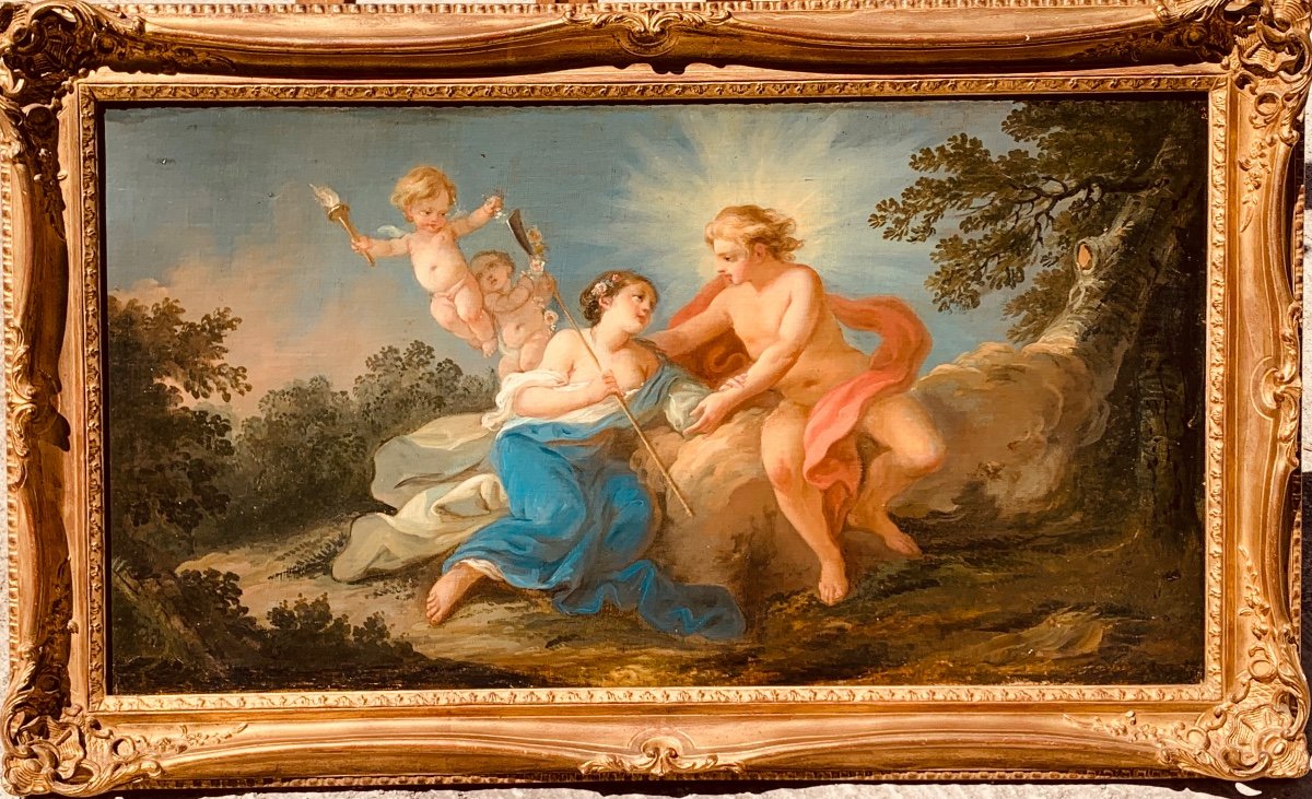 Scene Galante. Hst 83x45. Epoque Moitié du XVIII Siecle. Suiveur De François Boucher.-photo-2