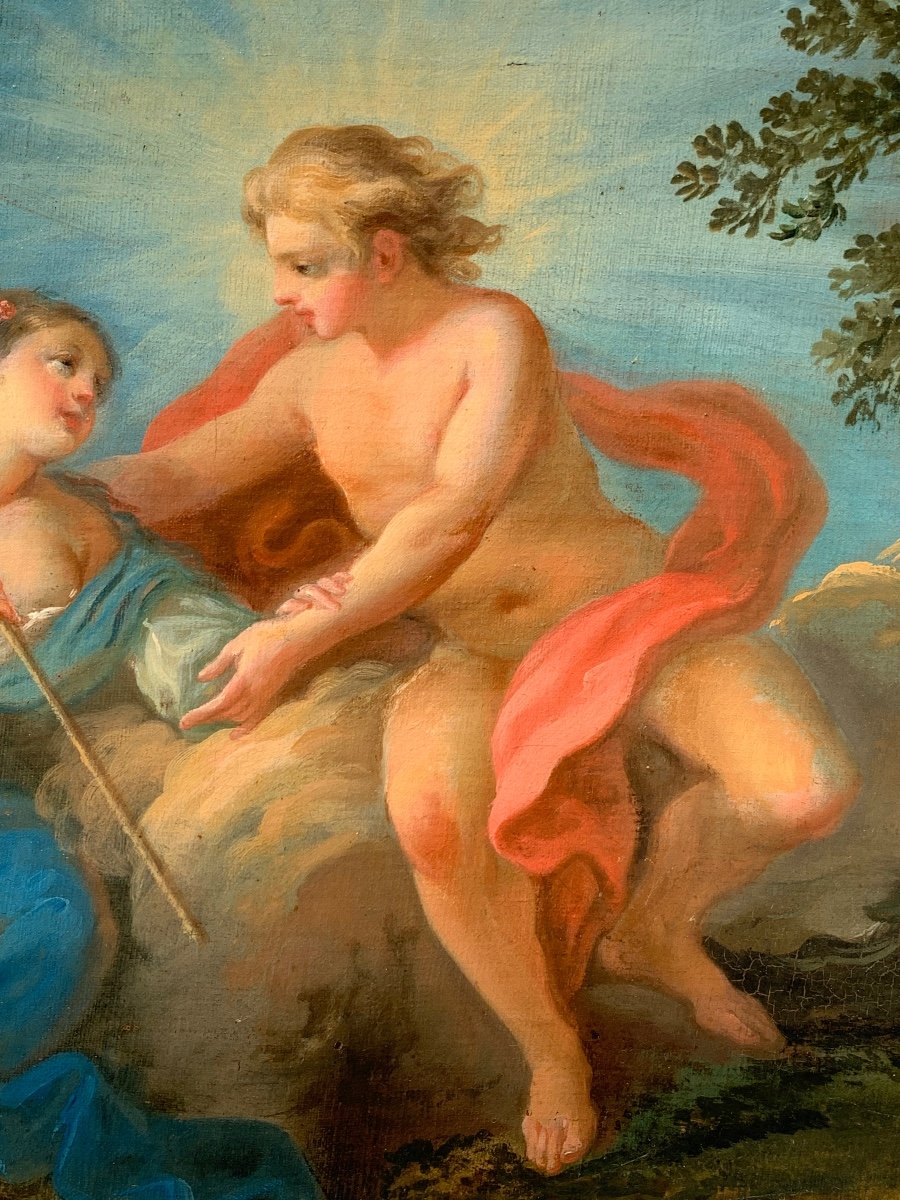 Scene Galante. Hst 83x45. Epoque Moitié du XVIII Siecle. Suiveur De François Boucher.-photo-3
