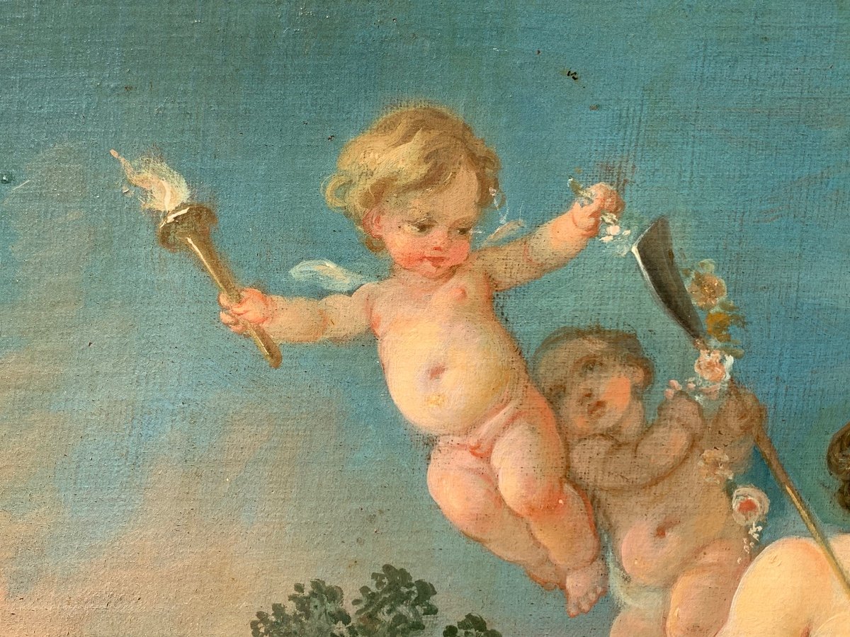Scene Galante. Hst 83x45. Epoque Moitié du XVIII Siecle. Suiveur De François Boucher.-photo-1